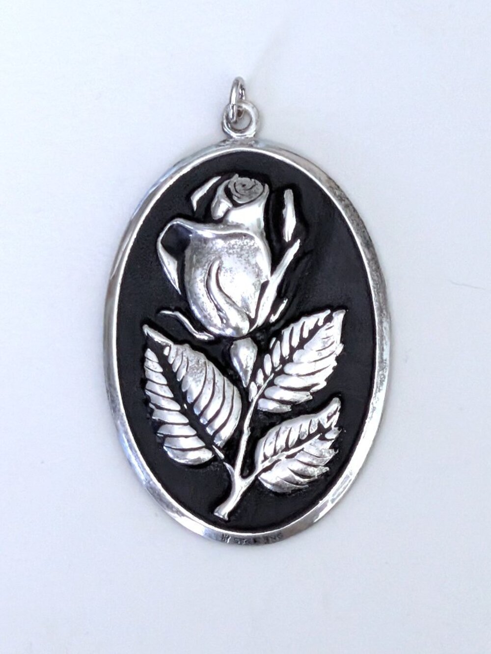 Vintage LARGE International Sterling Silver Black Enamel Rose Flower Pendant